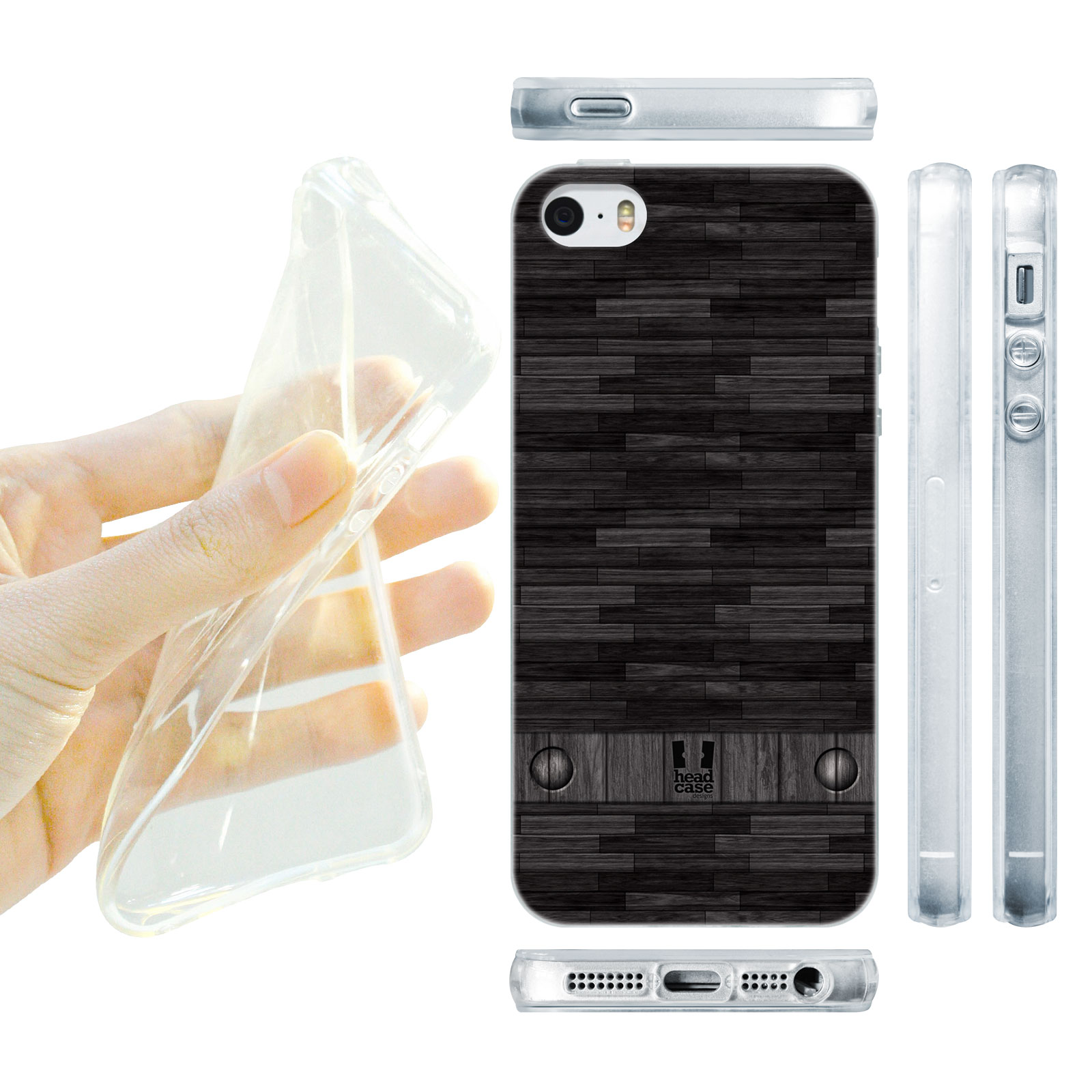 HEAD CASE silikonový obal na mobil Iphone 5/5S imitace dřevo černá barva