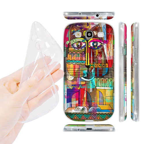 HEAD CASE silikonový obal na mobil Galaxy S3 i9300 barevná kočka abstraktní vzor velké oči