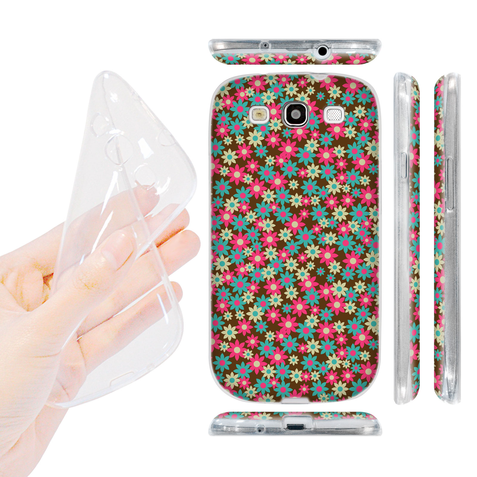 HEAD CASE silikonový obal na mobil Galaxy S3 i9300 malé květinky hnědá a růžová barva