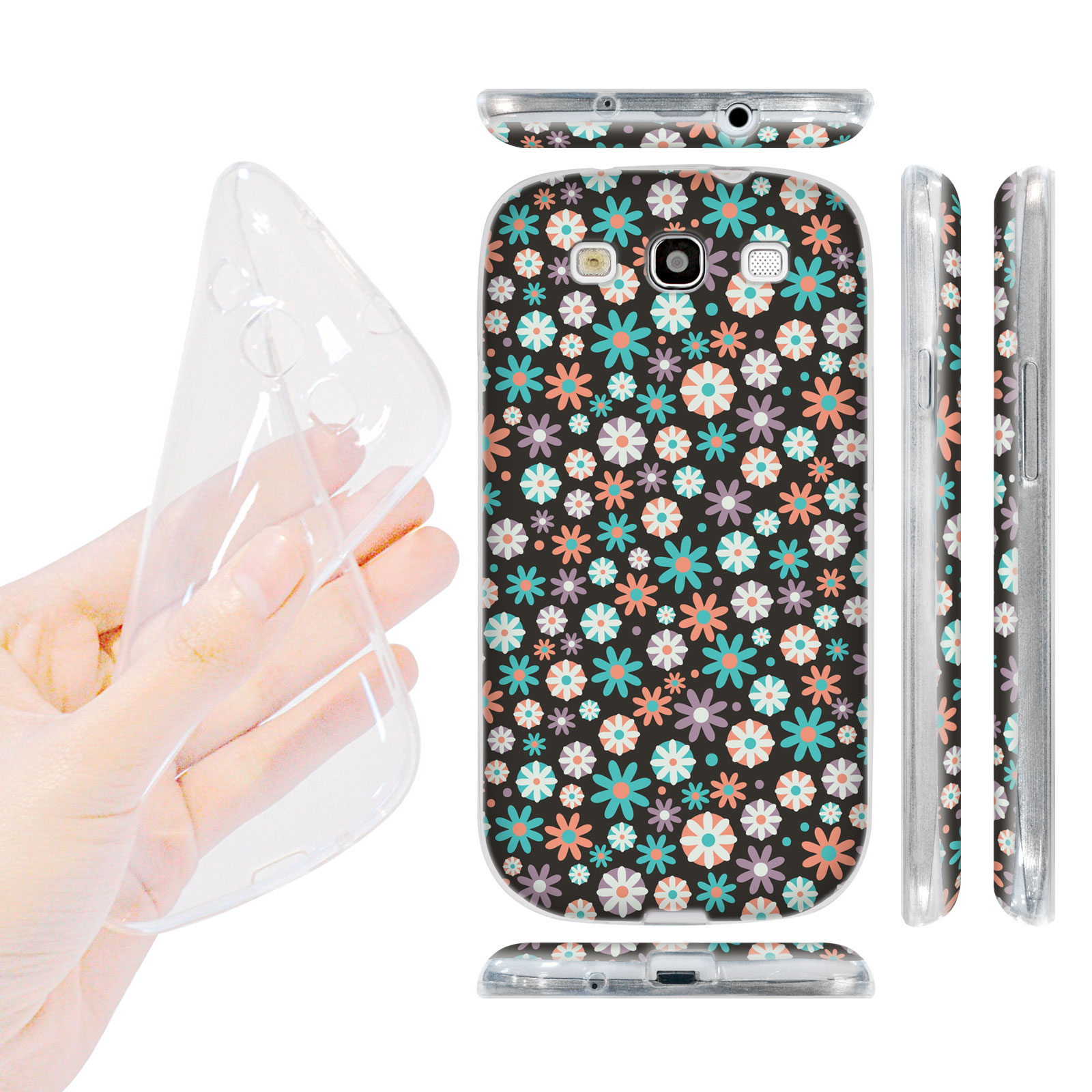 HEAD CASE silikonový obal na mobil Galaxy S3 i9300 malé květinky černá fialová růžová