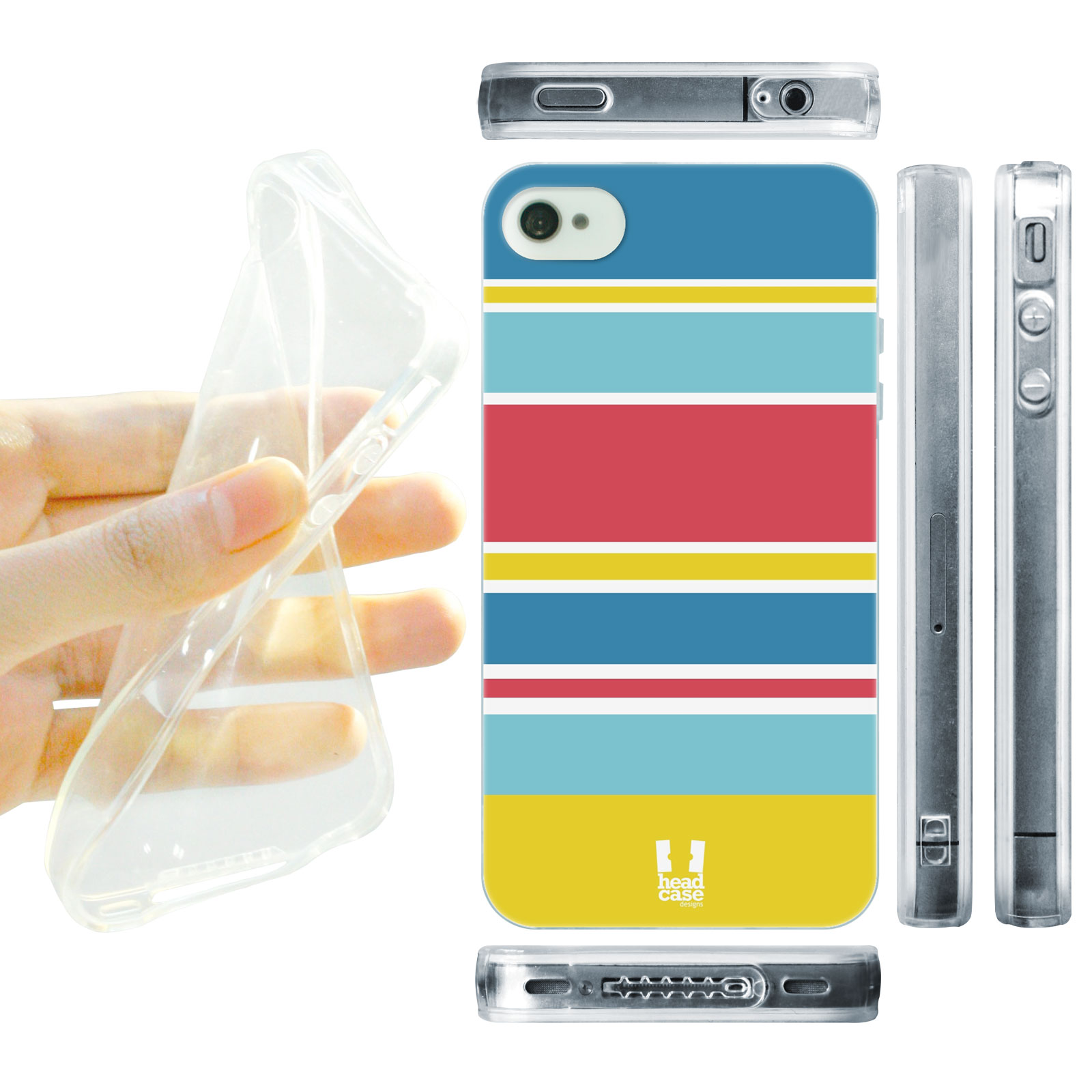 HEAD CASE silikonový obal na mobil Iphone 4/4S barevné pruhy modrá červená a žlutá