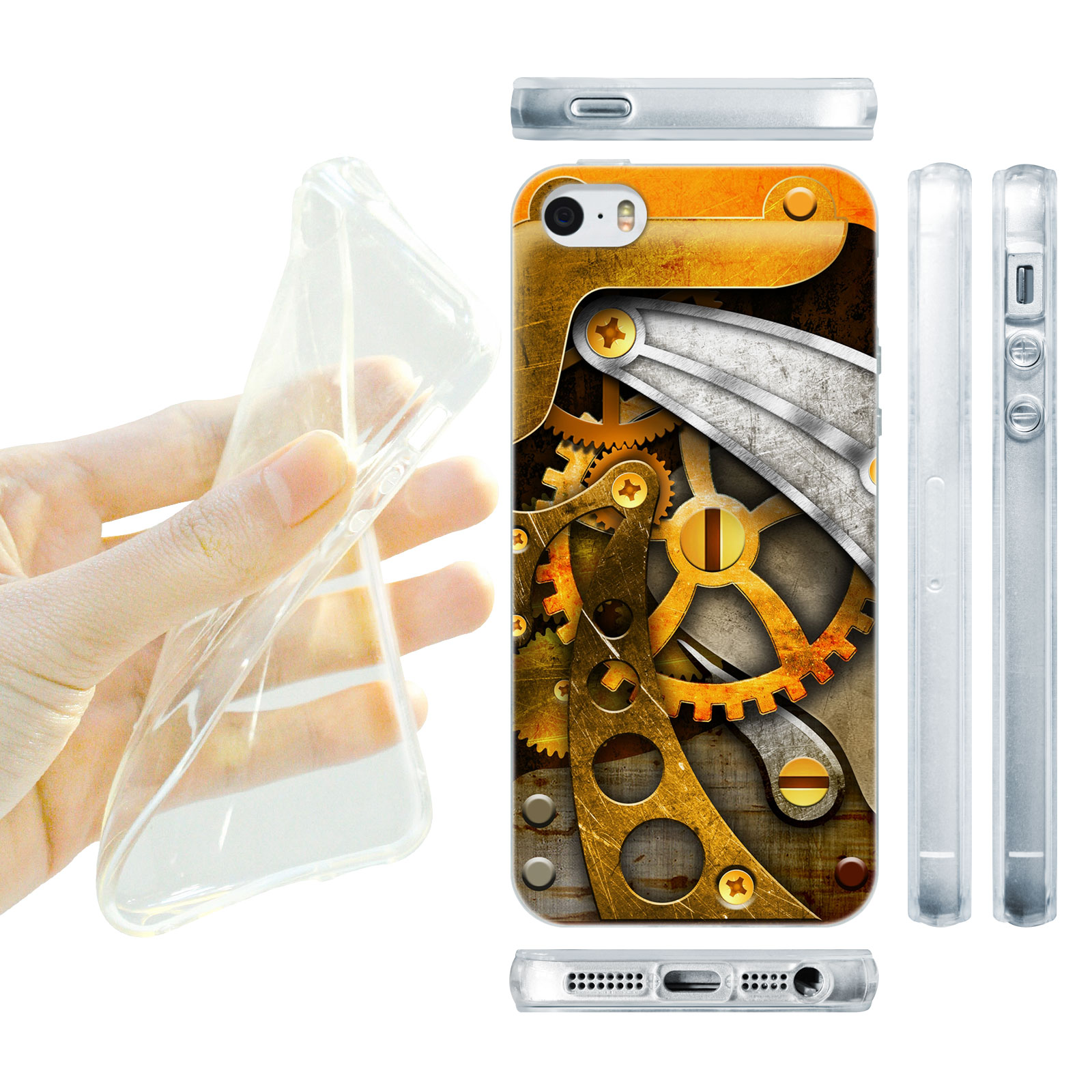 HEAD CASE silikonový obal na mobil Iphone 5/5S Vzor stroj kolečka zlatá barva  