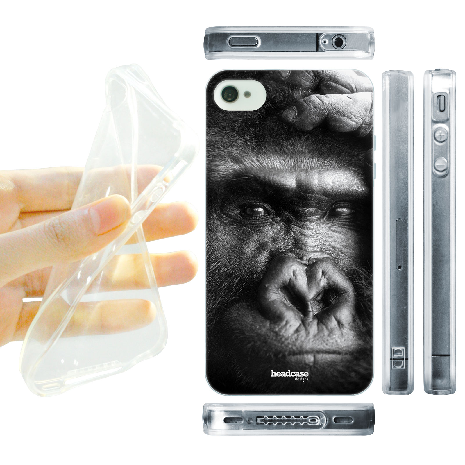 HEAD CASE silikonový obal na mobil Iphone 4/4S divočina černobílá fotka Gorila tvář